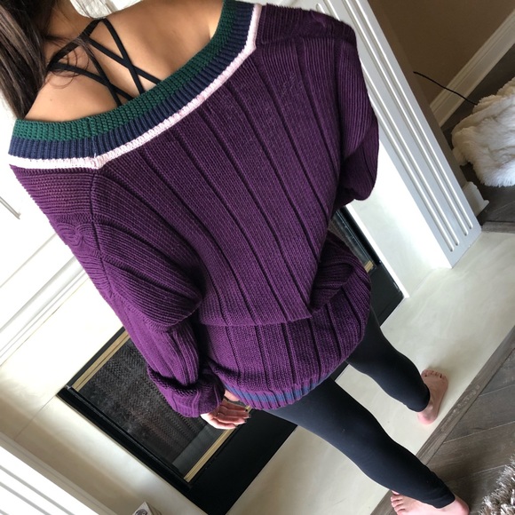 90s VTG purple cable knit cotton v neck sweater - Picture 5 of 5